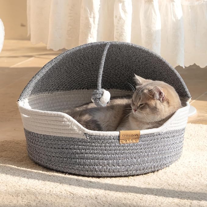 CHEERPALS Cat Basket Bed with Washable Cushion and Ball Rope Cotton, Covered Pet Bed for Indoor Cats Cave Bed Hooded, Stimulicat Cat Bed Handwoven Breathable, All Season Universal(Blue)