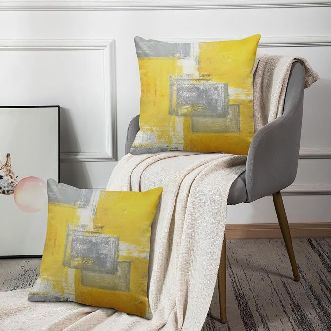 Throw Pillow Covers Set of 2, 16 x 16 Inch, Yellow Grey | Abstract Modern Art Outdoor Decorative Square Pillow Cases Couch Cushion Case for Couch Bed Sofa Living Room Home Decor
