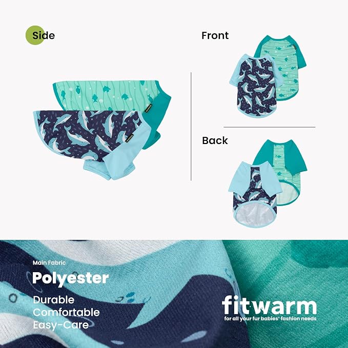 Fitwarm 2 Pack Dolphin & Fish Dog Shirt, Hawaiian Summer Clothes for Small Dogs Boy Girl, Lightweight Pet Outfit, Tea Blue, Green, Medium