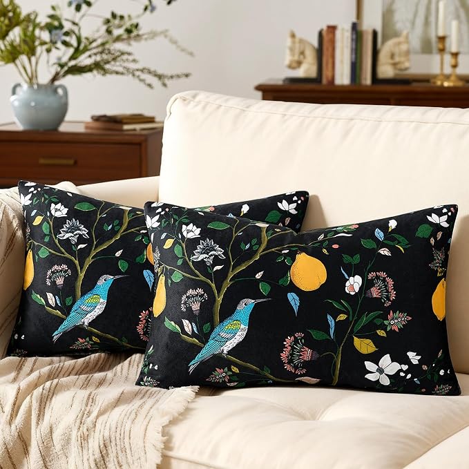 MUSSEL Black Velvet Floral Decorative 12x20 Lumbar Pillow Covers Set of 2 | Durable and Sturdy,Botanical Printed Pattern,Throw Pillows Case,Rectangle,Colorful Farmhouse,Home Sofa Bed Couch Decor