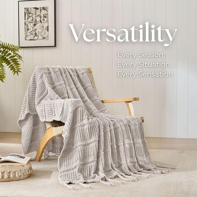 Boho Knitted Chenille Blanket with Tassels - Lightweight & Soft All-Season Throw - 3D Classic Pattern for Living Room Bedroom Couch, Ivory White, Throw 50"x60"