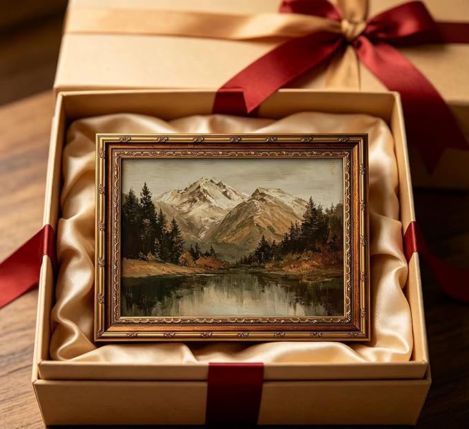 Vintage Gold Framed Landscape Canvas Wall Art Mountain with Forest Trees Lake Painting Picture Wall Decor Nature Scenery Green Botanical Poster Print Artwork for Living Room Office Home Decoration