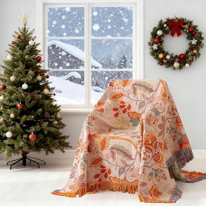 Boho Throw Blanket for Bed 100% Cotton Bohemian Blankets Ultra Soft Woven Muslin Decorative Blankets All Seasons Vintage Quilt Knitted Blanket for Sofa Chair(Orange, 60"x80")