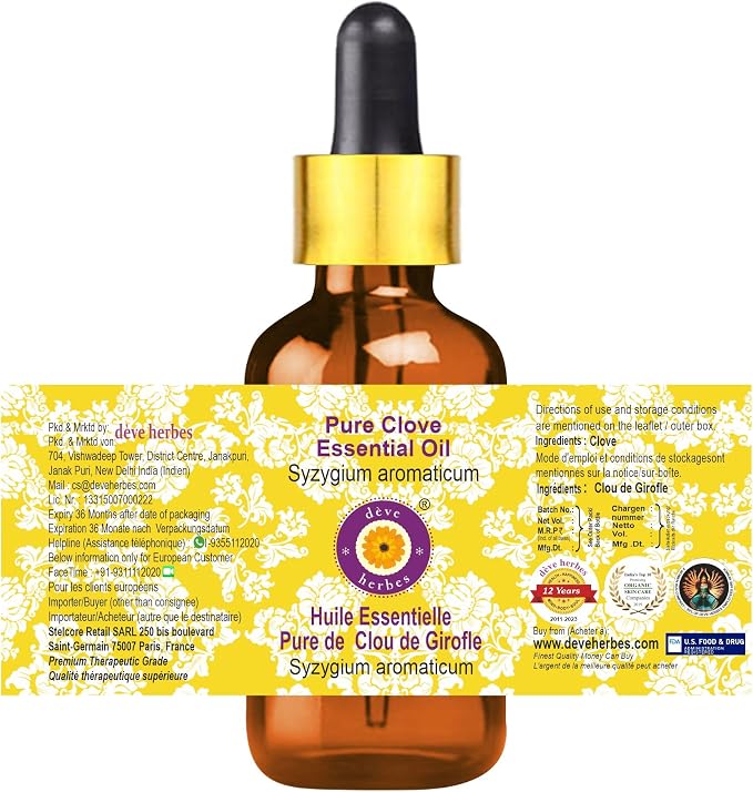 Deve Herbes Pure Clove Essential Oil (Syzygium aromaticum) with Glass Dropper Steam Distilled 100ml (3.38 oz)