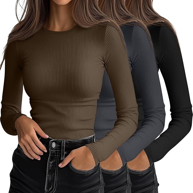 Ficerd 3 Pack Women's Ribbed Long Sleeve Tops, Crew Neck Slim Fit Undershirts Knit Basic Casual Stretch Layering Tee Shirts
