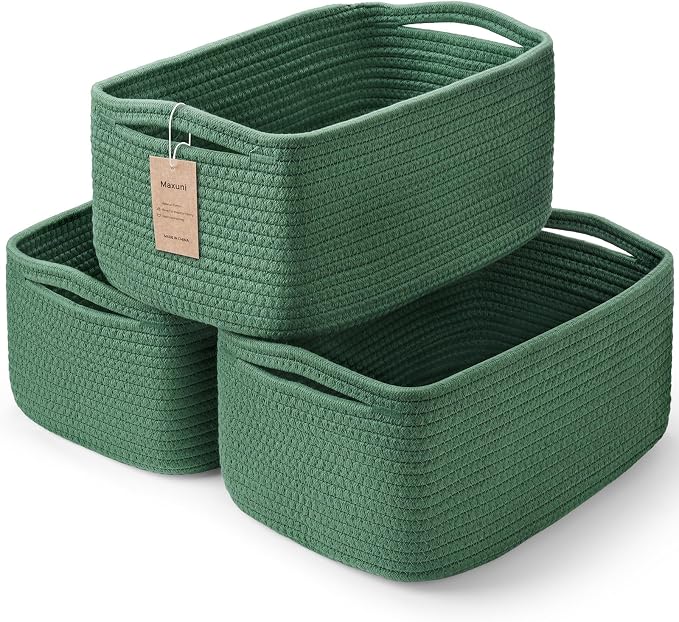 3 Pack Small Storage Baskets for Organizing, 11.8×7.8×5.1", Green | Woven Baskets for shelves, Cotton Rope Basket for Gifts Empty, Closet Organizer Bins with Handles, Cube Decorative Box