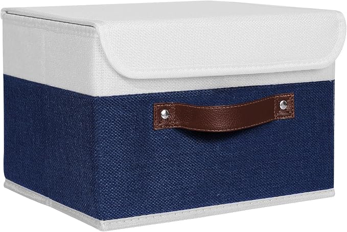 ANMINY Fabric Storage Box Bins with Lids, Blue White, 10"x8"x7" | Keepsake Memory Storage, Cotton Linen, PP Board Reinforced, Washable, PU Handles, Foldable & Stackable, Decorative, Small