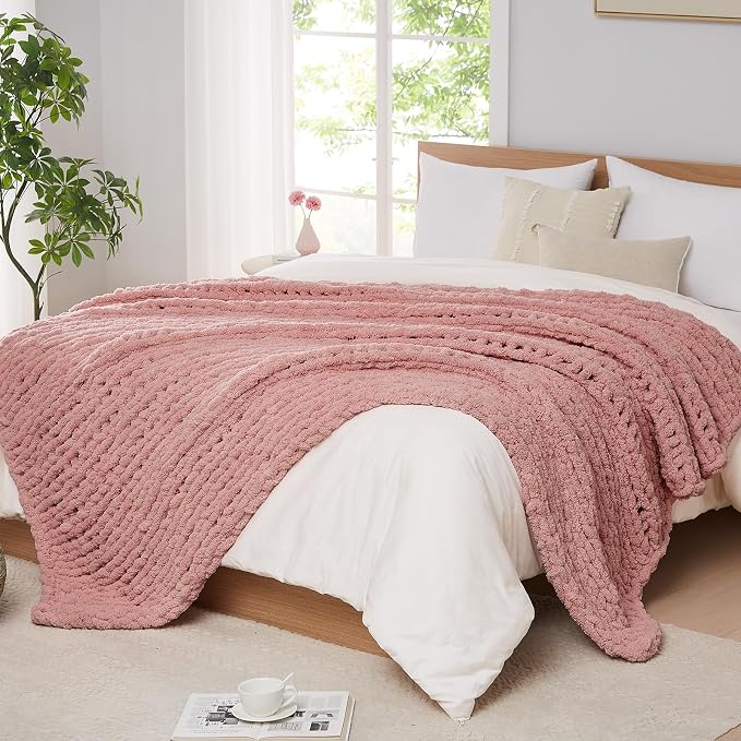 L'AGRATY Chunky Knit Throw Blanket for Couch, 80 x 90 Inches, Rose Pink | Handmade Chenille Crochet Blanket for Sofa Bed, Thick Cable Knitted Blankets for Room Home Decor, Birthday Gift for Women Mom