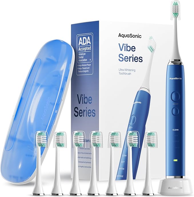 Aquasonic Vibe Series Ultra-Whitening Toothbrush – ADA Accepted Electric Toothbrush - 8 Brush Heads & Travel Case – 40,000 VPM Motor & Wireless Charging - 4 Modes w Smart Timer – Sapphire Blue