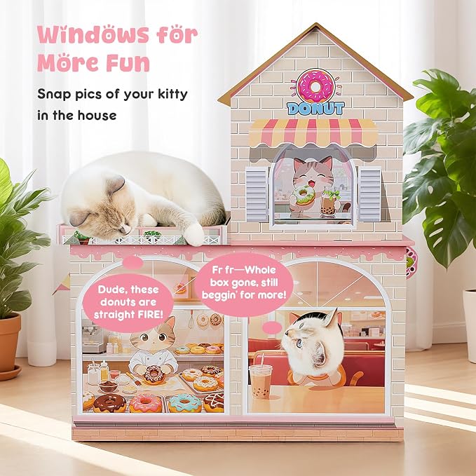 Cardboard Cat Houses for Indoor Cats Kitten Scratcher Houses Donuts Themed | Cat Condos Hut Hideout Play House Bed with Scratching Pads, Scratch Box for Large Kitty Rabbit Bunny Small Animals