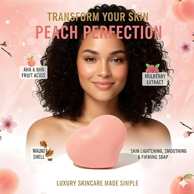 Korean Brightening & Firming Peach Soap, Tightens, Exfoliates, Smooths, and Perfects, with Fruit Acids, Natural Arbutin, & Walnut, Sensitive Skin Safe, Fades Spots, Cellulite and Stretch Marks, 3-Pack
