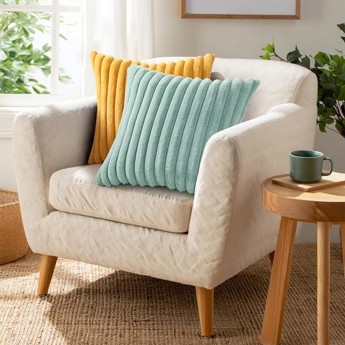 Pallene Faux Fur Decorative Throw Pillow Covers 26x26 Set of 2, Aqua | Luxury Plush Texture, Striped Design, Cozy Soft Touch, Modern Home Accent Decor for Couch, Sofa, Bed, Living Room