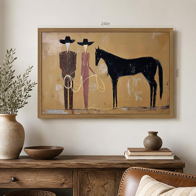 VziizV Vintage Western Cowboy Canvas Wall Art, Abstract Southwestern Cowgirl Artwork, American Ranch Farmhouse Decor, Minimalist Black Horse Canvas for Living Room Bedroom Wood Framed 16x24 Inch