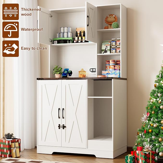 71Inches Tall Cat Litter Box Enclosure for Cats W/Power Outlets,Open Shelves.Wooden Pet Washroom Furniture W/Locks,Cabinet.Indoor Cats House,Hidden Cat Litter Box for Living Room,Bedroom(White-3)