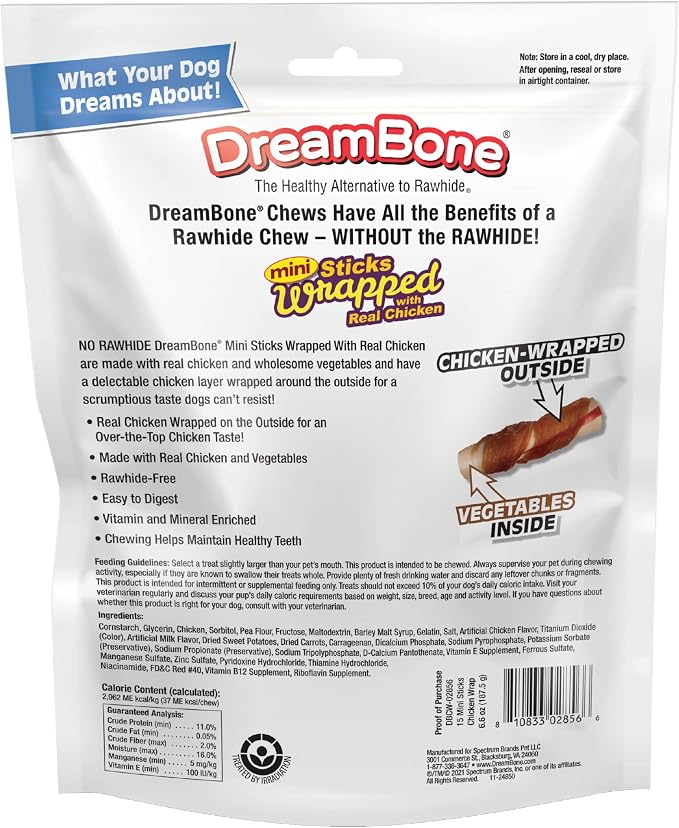 DreamBone Chicken Wrapped Mini Stick Rawhide-Free Dog Treats, 15 Count | Daily Chew, Digests Safely and Completely, Made With Real Protein, Chicken and Veggies, For Adult Dogs
