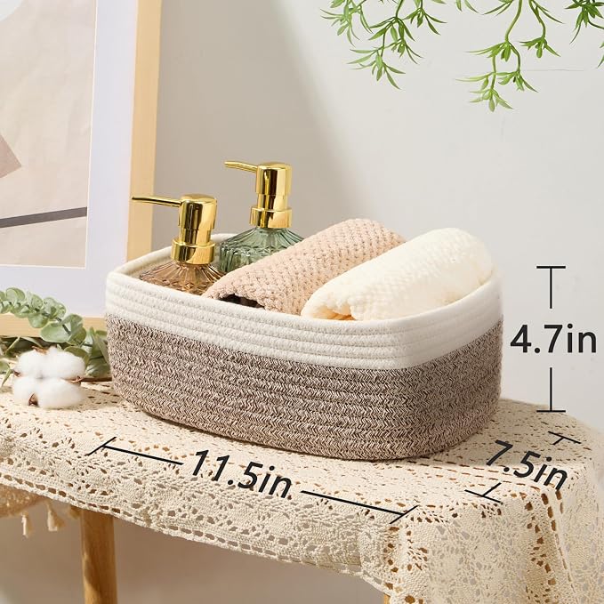 MiniArk Small Storage Baskets for Organizing | Closet Organizer Bins | Shelf Toy Basket | Woven Rope Baskets | Cube Decorative Box | Shallow Basket | 11.5x7.5x4.7” | 3 Packs White Brown