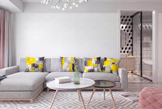 Yellow Grey Abstract Throw Pillow Covers 18x18 Set of 4 | Mustard Yellow & Grey Modern‑Art Cushion Cases, neutral aesthetic pillowcases for sofa, bedroom & chair.