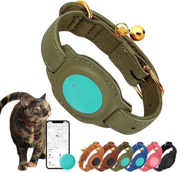 Cat Tracker, GPS Pet Tracker for Cats (Only iOS), Leather Cat Collar with Tracker, Works with Any Collar, No Monthly Fee, Compatible with Apple Find My App not for Android (Olive Green)