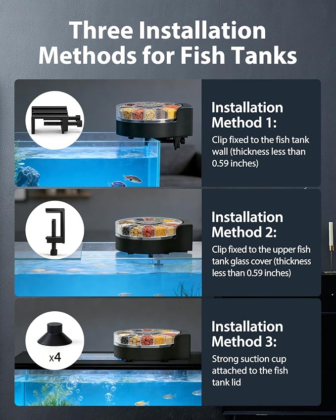 Automatic Fish Feeder Dispenser for Aquarium: Auto Precision Food Feeding 300ml Large Capacity for Powder Flakes Pellet, Battery Feeders Timer for Small Tank Turtle Betta Koi Vacation Weekend Day