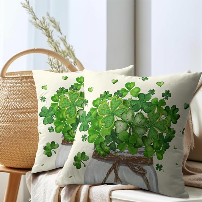 Kawani St Patricks Day Pillow Covers Set of 2, 20x20 Inch Green Shamrock Lucky Clover Jar Print Throw Pillowcases Cotton Linen Cushion Cover for Couch Sofa Bed Spring Home Decor