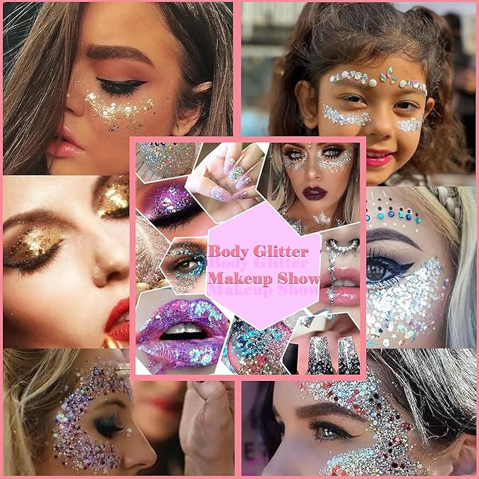 Body Glitter Face Glitter Gel: Singer Concerts Disco Festival Rave Accessories Face Glitter Makeup 150ml Chunky Sequins Mermaid Face Body Hair Glitter Gel (2 Lake Blue)