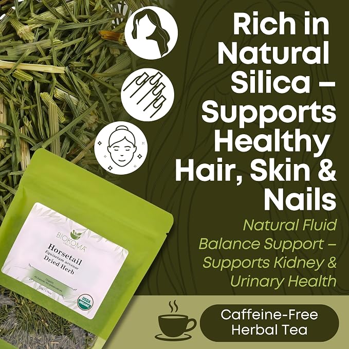Biokoma Organic Horsetail Herb Tea 50g (Shavegrass) – Supports Healthy Hair, Skin and Nails – USDA Certified Organic Loose Dried Leaves in Resealable Pouch, No Additives, Kosher