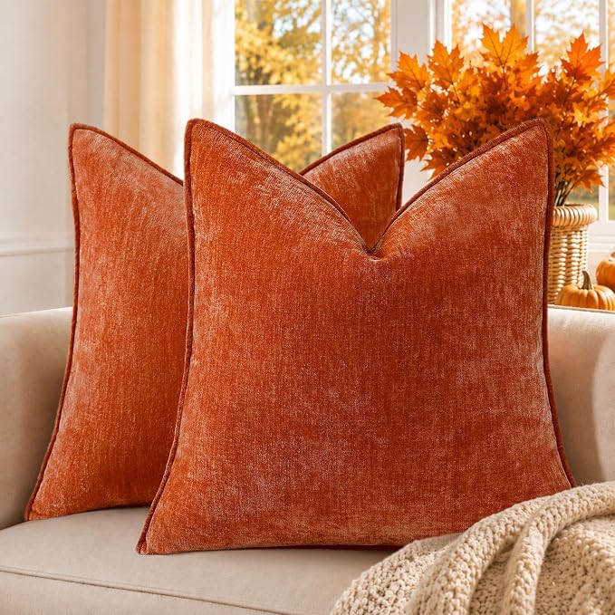 decorUhome Chenille Rust Velvet Throw Pillow Covers 16x16 Set of 2 | Fall Soft Couch Decorative Modern Farmhouse Pillow Cases with Elegant Design for Sofa Bed Living Room Home Decor