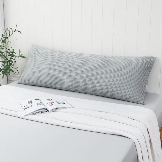 100% Egyptian Cotton 600 TC Waffle Weave Body Pillowcase with Zipper | 1 Pack Ultra Soft Breathable Pillow Cover, Skin-Friendly Bed Pillow Sham, Body Pillow Case Cover, Gray, 20" x 54"