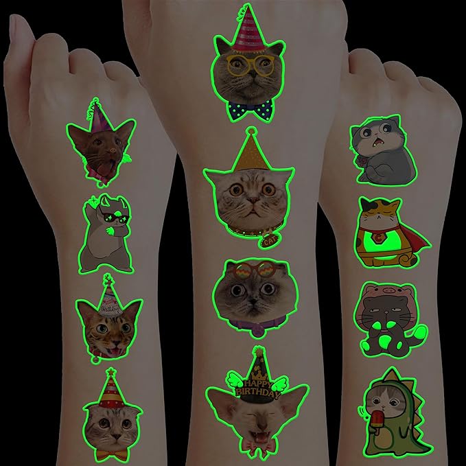 96 PCS Cat Cats Pet Pre-Cut Luminous Glow in the dark Temporary Tattoos for Kids | Super Cute Themed Birthday Party Favors, Supplies, Decorations, Animal Paw Fake Tattoo Stickers Gifts for Boys Girls
