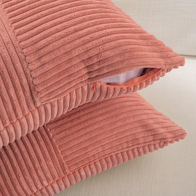 Fancy Homi Set of 1 Coral Long Lumbar Decorative Throw Pillow Covers 16x24 Inch for Couch Bed Sofa, Rustic Farmhouse Boho Home Decor, Soft Striped Corduroy Rectangle Accent Peach Cushion Case 40x60 cm