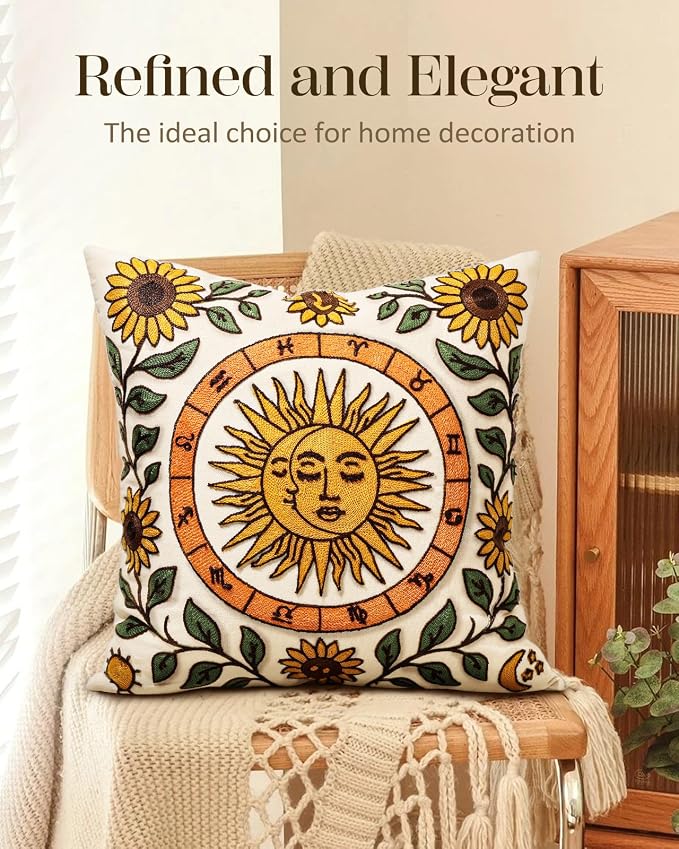 Embroidered Throw Pillow Cover 18x18 Inch, Sunflower Moon | Decorative Pillow Cover, Farmhouse Boho Cushion Case with Hidden Zipper, Autumn Decor for Couch, Sofa, Living Room, Bedroom