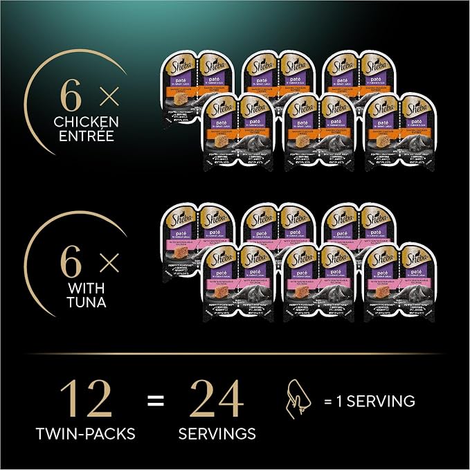 Sheba Perfect Portions Pate Wet Cat Food, Multipack, 2.6 oz, 6 ct, 2pk | Grain-free, Chicken & Sustainable Salmon, no fillers, no artificial flavors, made in USA, real meat, twin-pack trays