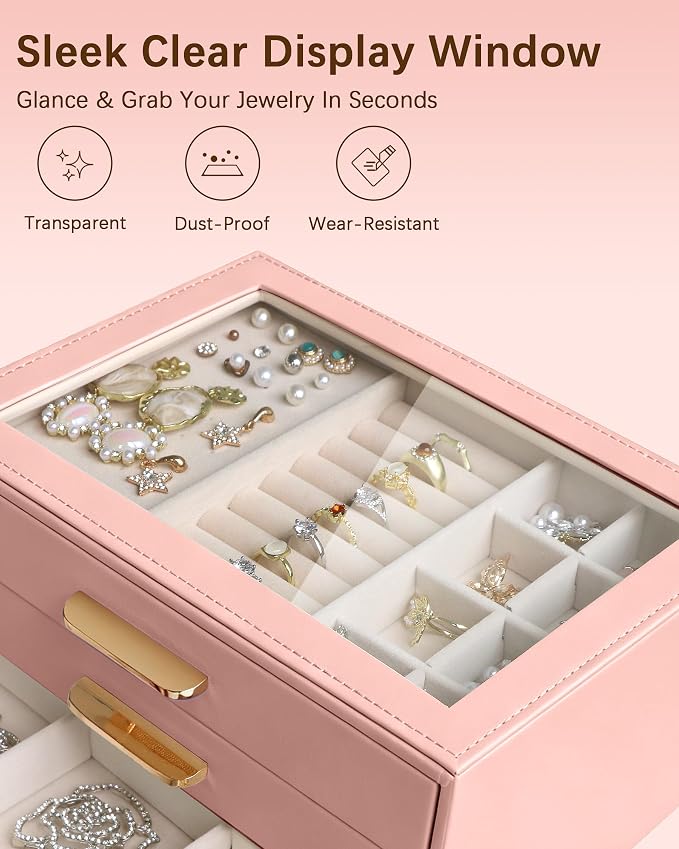 Homeanda Jewelry Boxes Organizer with Glass Lid, 3-Layer PU Leather, Pink | Modern style display case with 3 drawers for daily jewelry, women, mom or girl gift