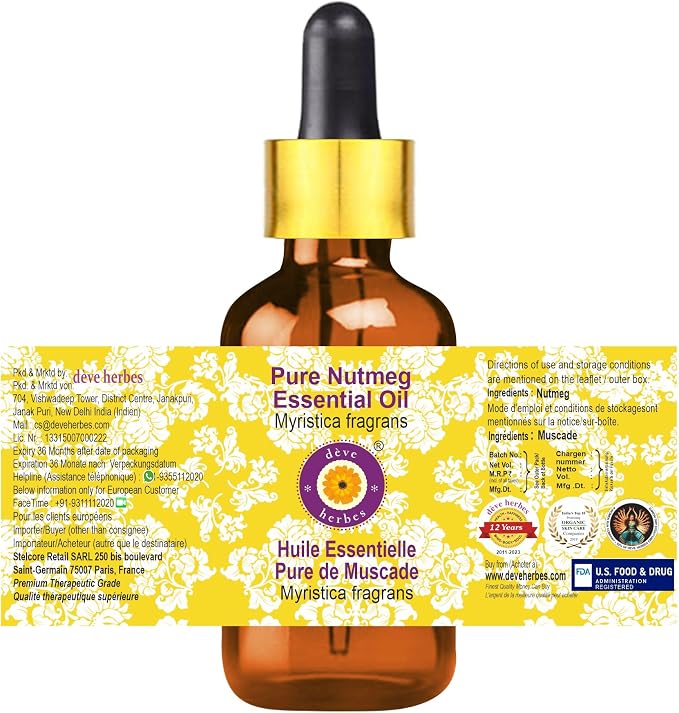 Deve Herbes Pure Nutmeg Essential Oil (Myristica fragrans) with Glass Dropper Steam Distilled 50ml (1.69 oz)