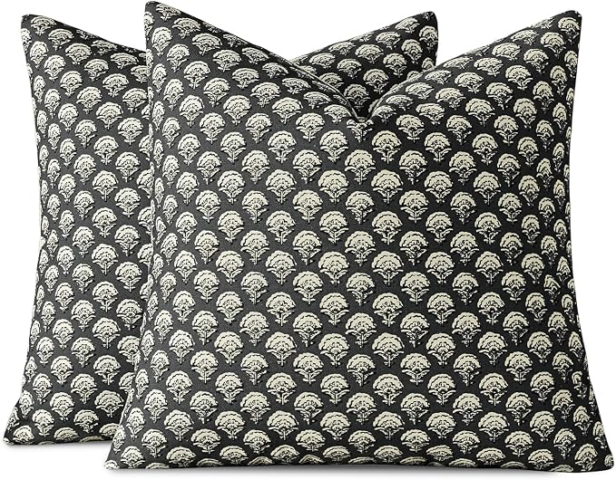 MIULEE Floral Print Decorative Euro Pillow Covers 22x22, Black | Vintage Boho Farmhouse Modern Home Decor, Set of 2, Block Print Cushion Covers for Couch Sofa Bed Living Room