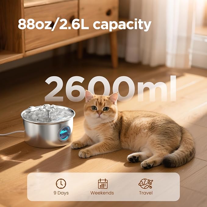 Cat Water Fountain Stainless Steel: Pet Fountain with 6 Filters & 3 Sponges | 88oz/2.6L Water Fountains for Cats Inside with Flower - Kitty Drinking Dispenser - Gifts for Cats Dogs and Small Animals
