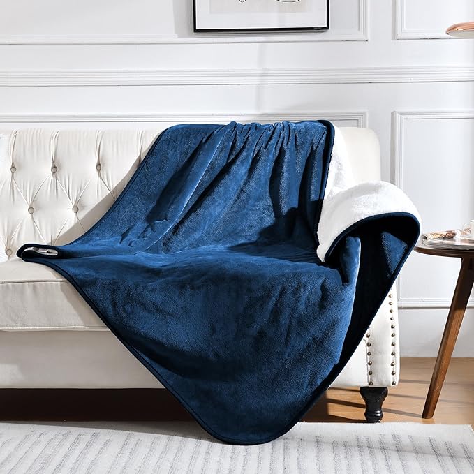 Soft Waterproof Blanket for Bed Couch Sofa, Navy Blue, 50x60 inches | Liquid Pee Proof Pet Blanket for Dog Puppy Cat, Reversible Sherpa Fleece Blanket for Couch Cover, Furniture Protector