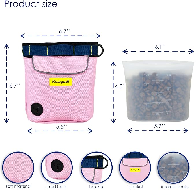 Raisingwell Dog Treat Pouch for Pet Walking and Training with Clicker 2 Cup Silicone Bag Small Fanny Pack Holder for Puppy Snack Dispenser Kit for Leash and Outdoor Use (Pink)