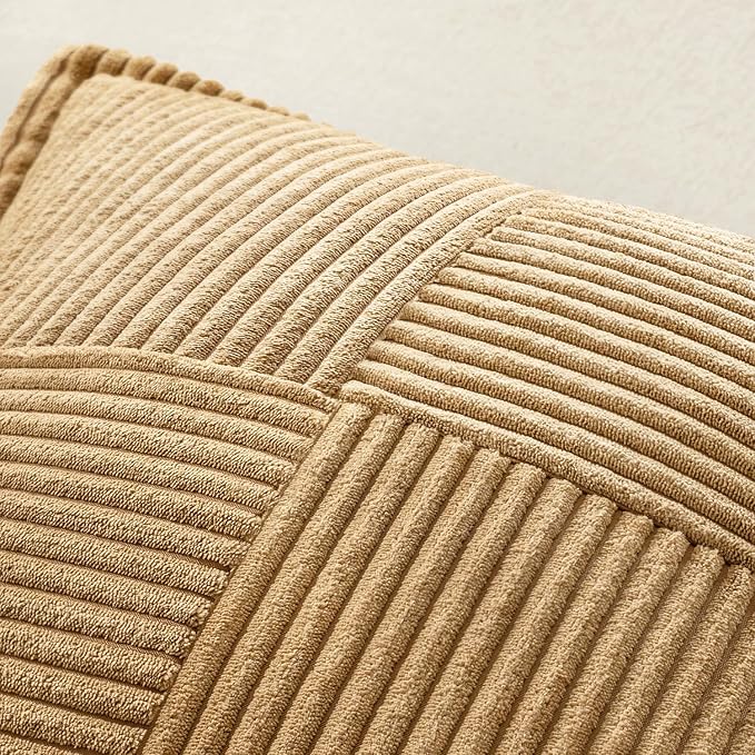 MIULEE Decorative Euro Sham Throw Pillow Covers 24x24 Inch Brown 2 Pack | Boho Broadside Striped Patchwork Pillow Covers, Soft Corduroy Cushion Cases, For Bed Couch Sofa Livingroom Home Decor