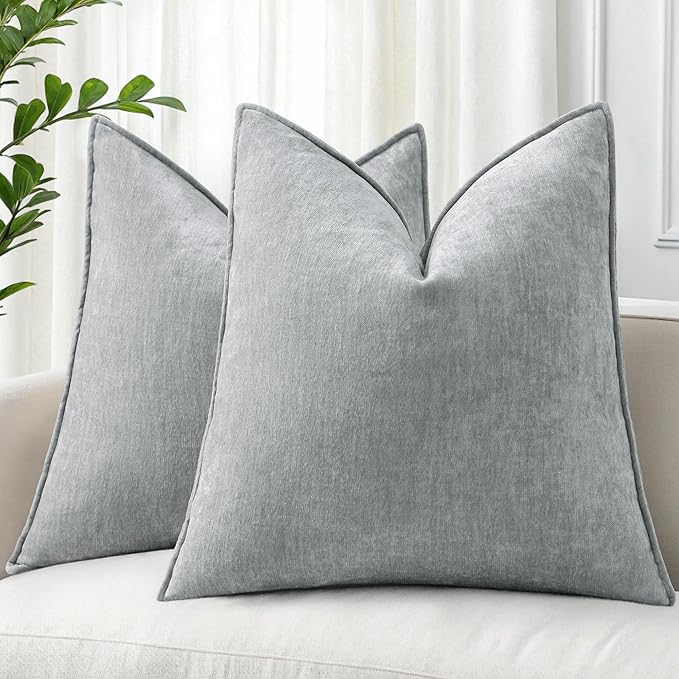 decorUhome Chenille Ultimate Gray Throw Pillow Covers 18x18 Set of 2 | Fall Soft Couch Decorative Modern Velvet Pillow Cases with Elegant Design for Sofa Bed Living Room Home Decor