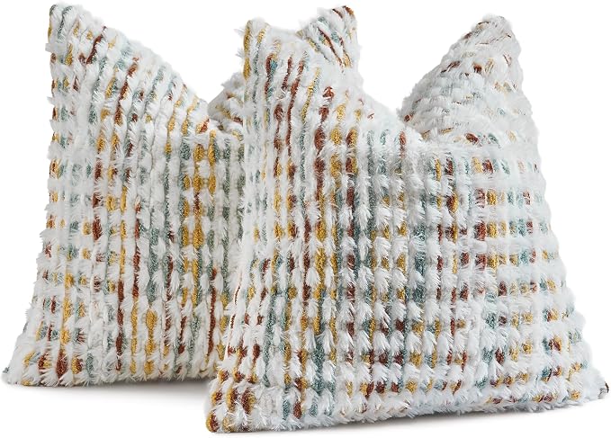 Set of 2 Boho Chenille Pillow Cover Decorative Tufted Pillowcase for Couch Bed Sofa Bedroom Living Room Modern 20 x 20-Inch Brown White