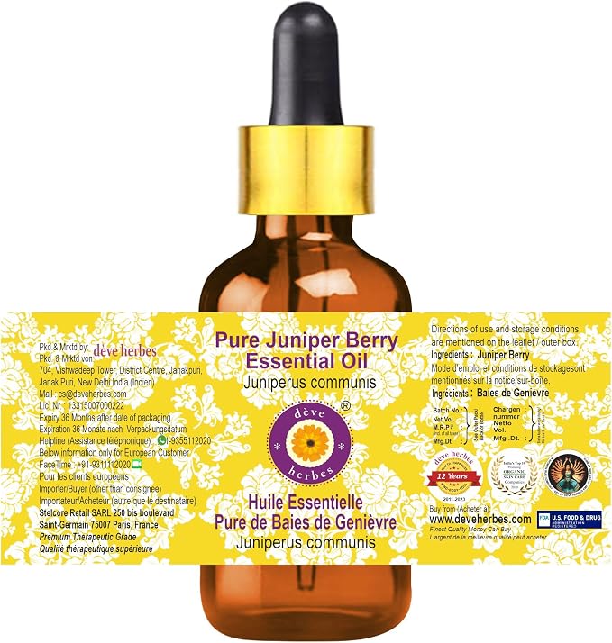 Deve Herbes Pure Juniper Berry Essential Oil (Juniperus communis) with Glass Dropper Steam Distilled 30ml (1 oz)