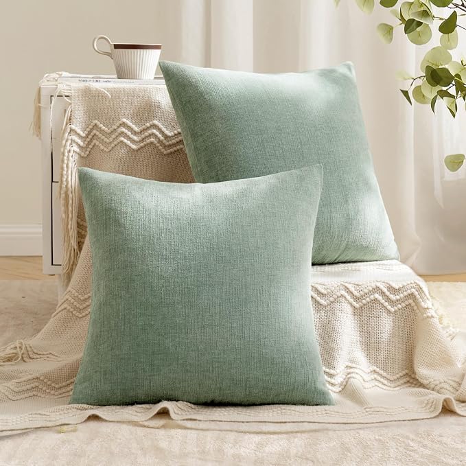 MIULEE Greyish Green Chenille Couch Throw Pillow Covers, 20x20 | Set of 2, Soft Modern Farmhouse Style, Decorative Pillowcases for Sofa Living Room Bed, Home Decor