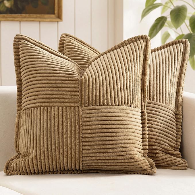 MIULEE Decorative Throw Pillow Covers for Couch 16x16 Inch Brown 2 Pack | Boho Broadside Striped Patchwork Pillow Covers, Soft Corduroy Cushion Cases, For Sofa Bed Livingroom Home Decor