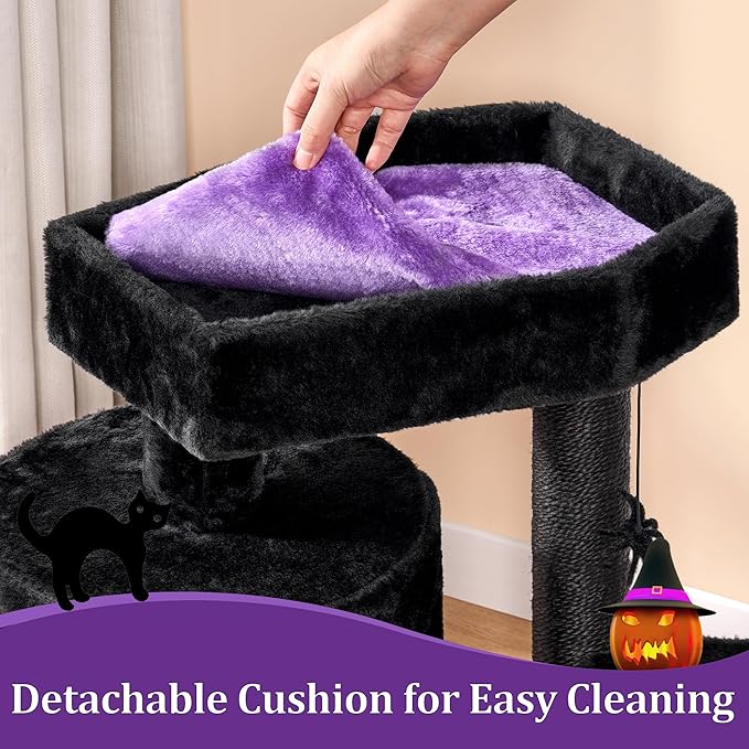 BEWISHOME Cat Tree for Indoor Cats, Gothic Cat Tree with Coffin Bed | Goth Cat Tree Tower with Scratching Posts/Board, Cat Condo/House/Shelves for Kittens, Spider Toy, Black and Violet Small