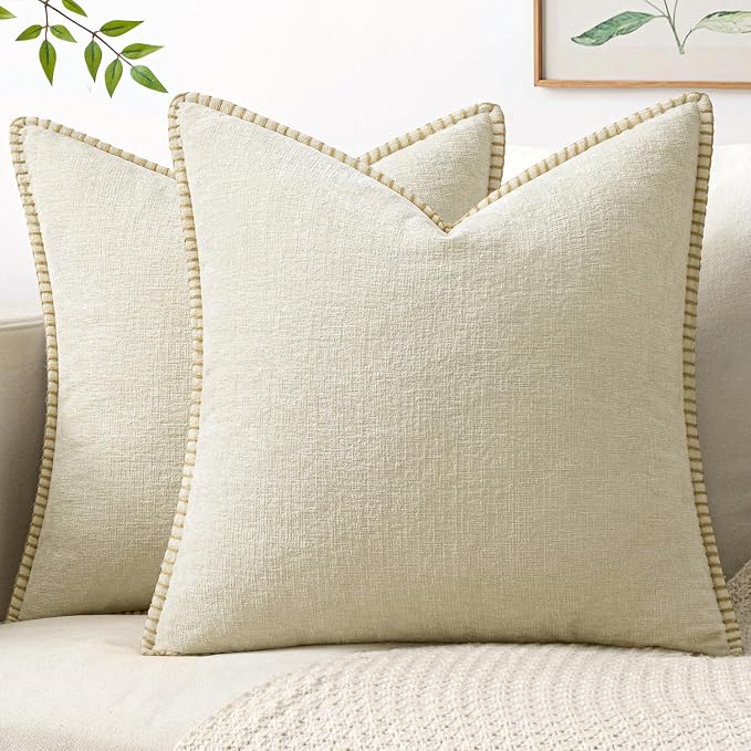 MIULEE Decorative Couch Throw Pillow Covers 18x18 Inch Cream White 2 Pack | Farmhouse Pillow Covers with Stitched Edge, Soft Chenille Cushion Cases, for Sofa Bed Living Room Home Decor