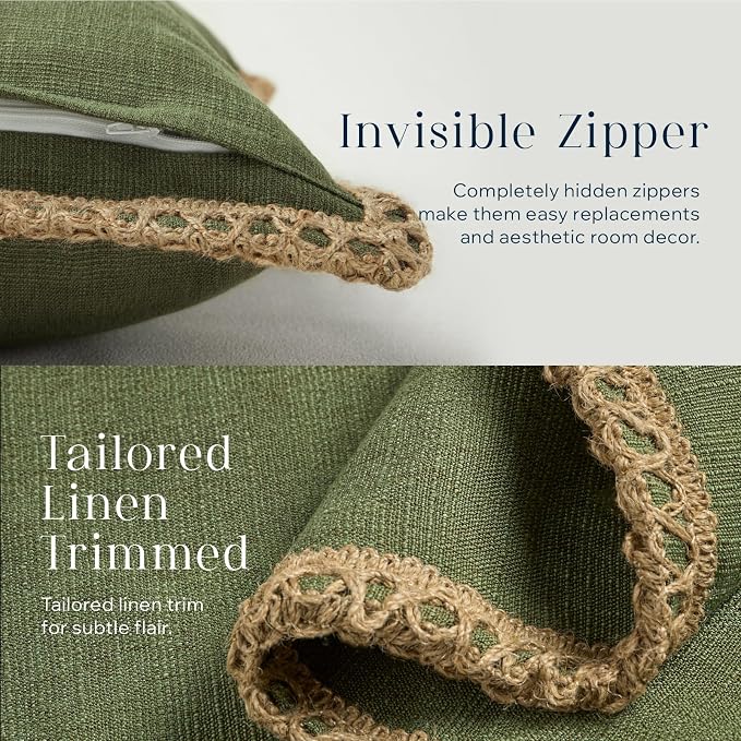 Phantoscope Pack of 2 Farmhouse Decorative Throw Pillow Cover Solid Burlap Linen Trimmed Tailored Edges, Olive Green, 12 x 20 inches, 30 x 50 cm