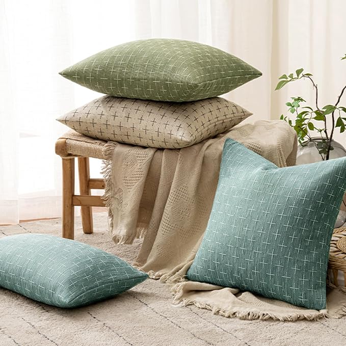 MIULEE Pack of 2 Decorative Burlap Linen Spring Throw Pillow Covers Modern Farmhouse Vintage Pillowcase Rustic Woven Textured Cushion Cover for Sofa Couch Bed 20x20 Inch Azure