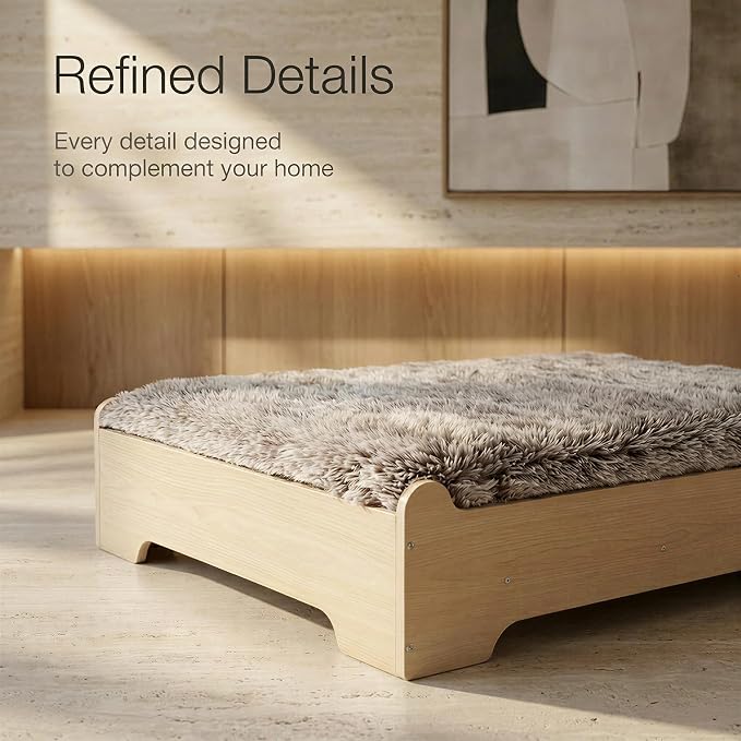 Elevated Wood Dog Bed Frame with Foam Mattress, WoodPattern, S | Raised Dog Bed with Washable Cover, Furniture-Style Design for Indoor Living