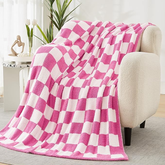 Soft Checkered Throw Blanket for Couch-Cozy Warm Knitted Blankets | Lightweight Warm Fluffy Decor for Women, Mom, Her & Girls, Sofa, Chair, Bed, 50x70in, Hot Pink